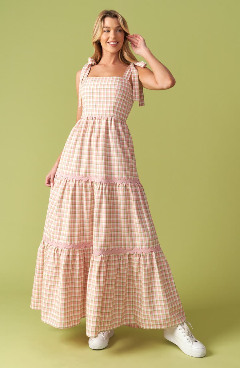 FLYING TOMATO Gingham Tiered Midi Dress, Alternate, color, 