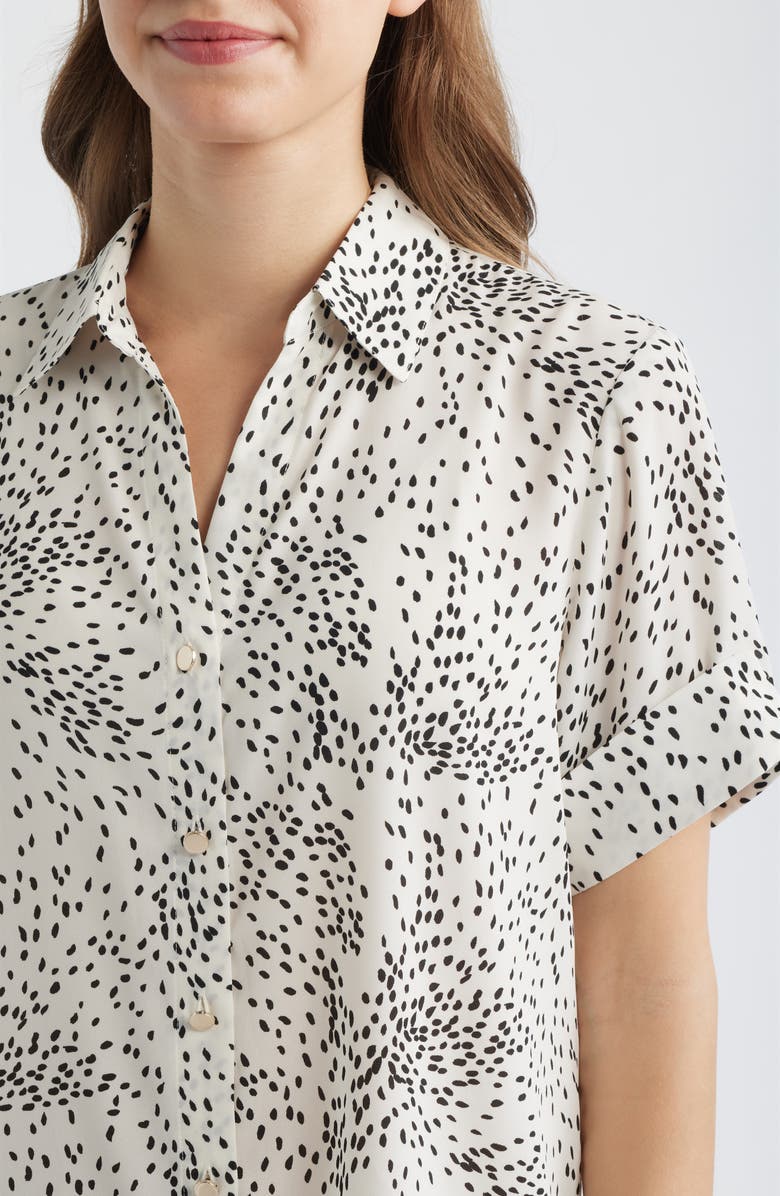 AK ANNE KLEIN Fleck Print Short Sleeve Button-Up Shirt, Alternate, color, White Dove/ Anneblack