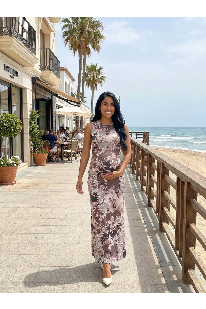 Maternity Paisley Sleeveless Side Slit Bodycon A-Line Maxi Dress, Alternate, color, Brown Multi
