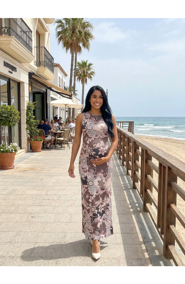 24seven Comfort Apparel Maternity Paisley Sleeveless Side Slit Bodycon A-Line Maxi Dress, Alternate, color, Brown Multi