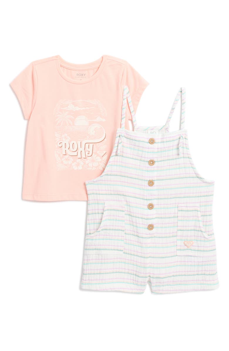 Roxy Kids' Graphic T-Shirt & Button Romper Set, Main, color, Coral