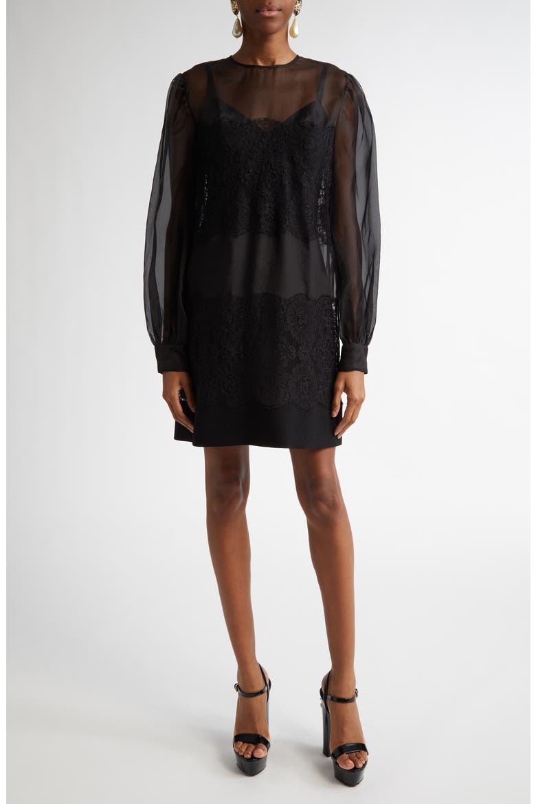 Lace Paneled Long Sleeve Sheer Silk Blend Organza Dress, Main, color, N0000 NERO