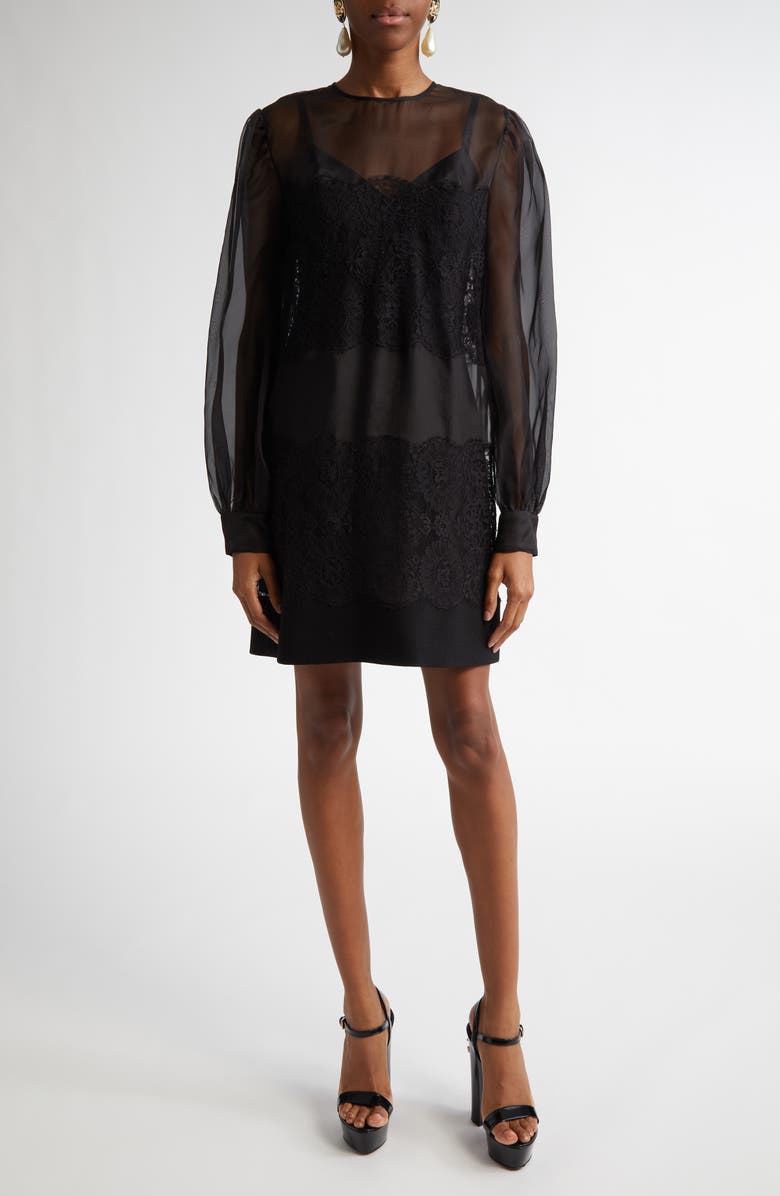 Dolce&Gabbana Lace Paneled Long Sleeve Sheer Silk Blend Organza Dress, Main, color, N0000 Nero