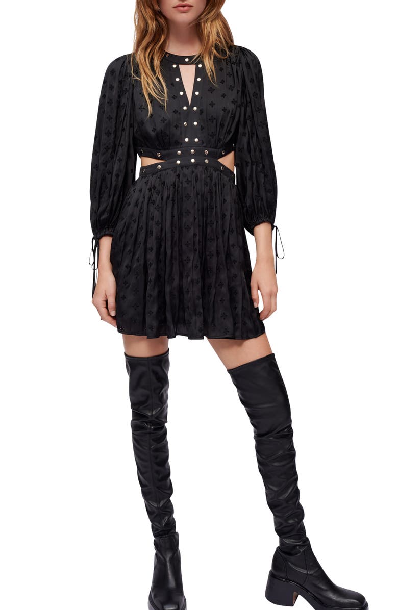 maje Risoa Cutout Stud Detail Long Sleeve Jacquard Dress, Main, color, Noir