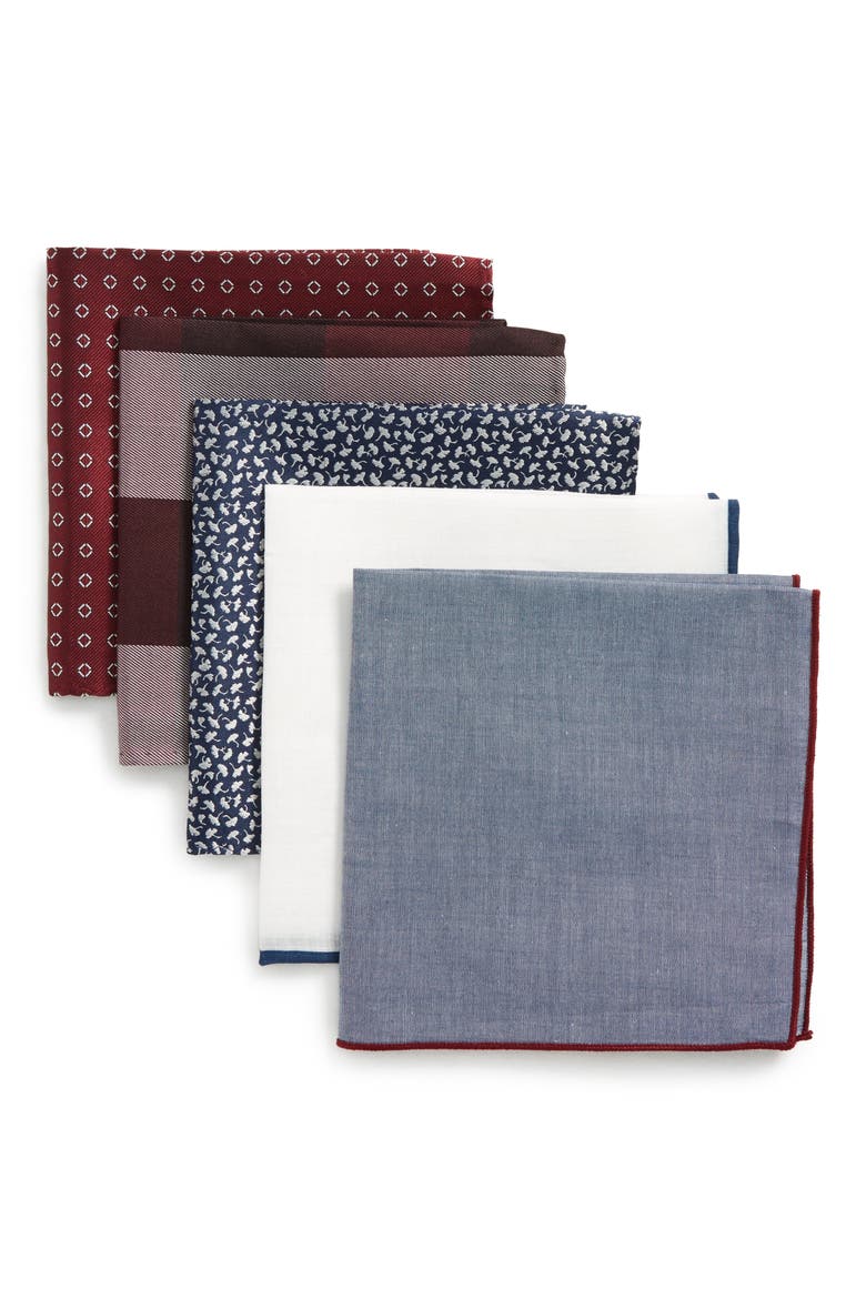 5-Pack Pocket Squares, Main, color, BURGUNDY