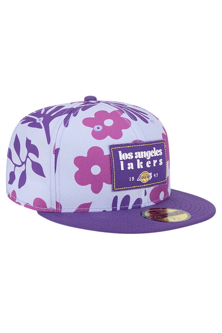 Men's New Era Purple Los Angeles Lakers Palm Fronds 2-Tone 59FIFTY Fitted Hat, Alternate, color, Purple