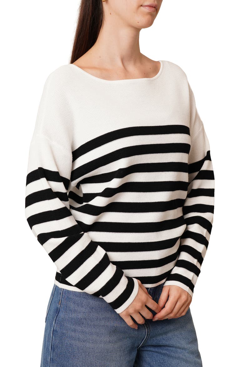 Stripe Waffle Sweater, Alternate, color, BRIGHT WHITE/ BLACK