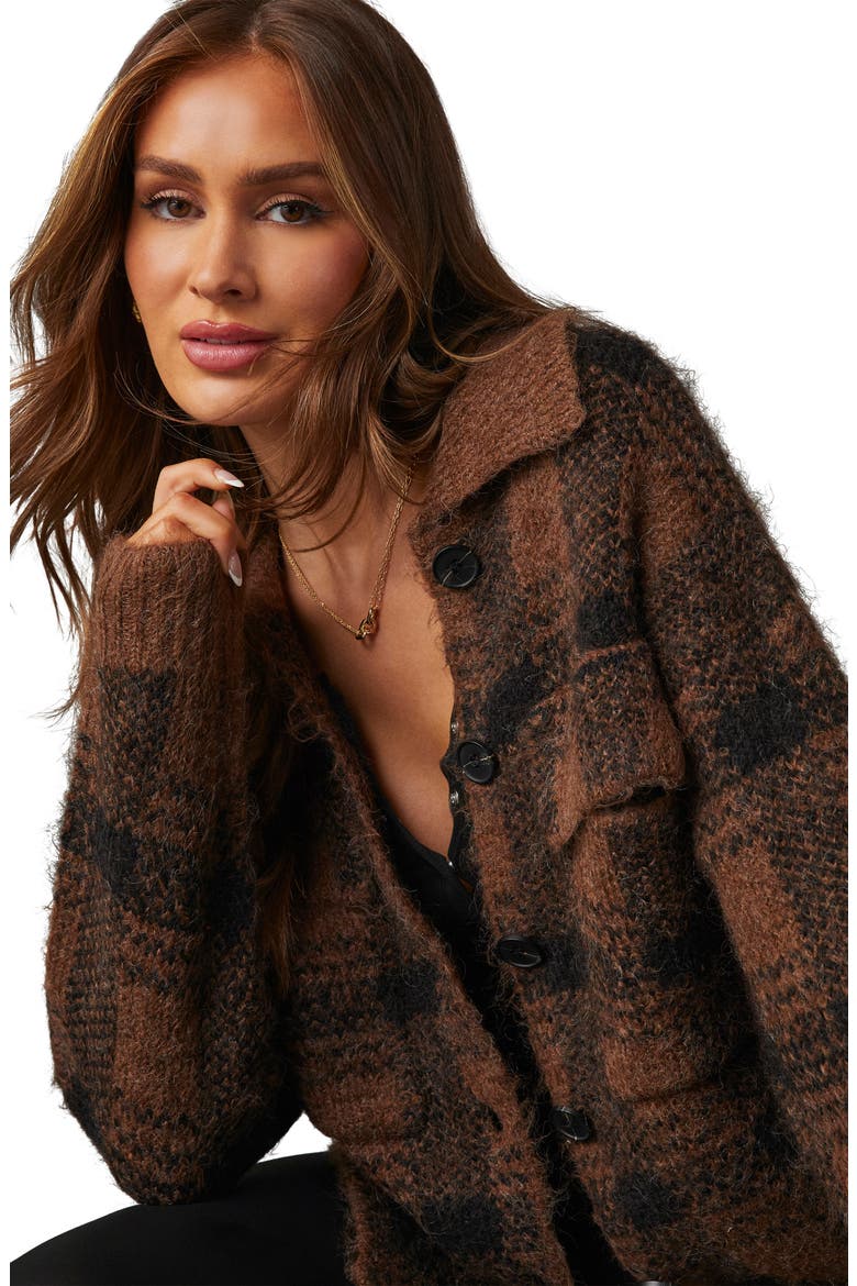 Gallagher Plaid Cardigan, Alternate, color, BROWN
