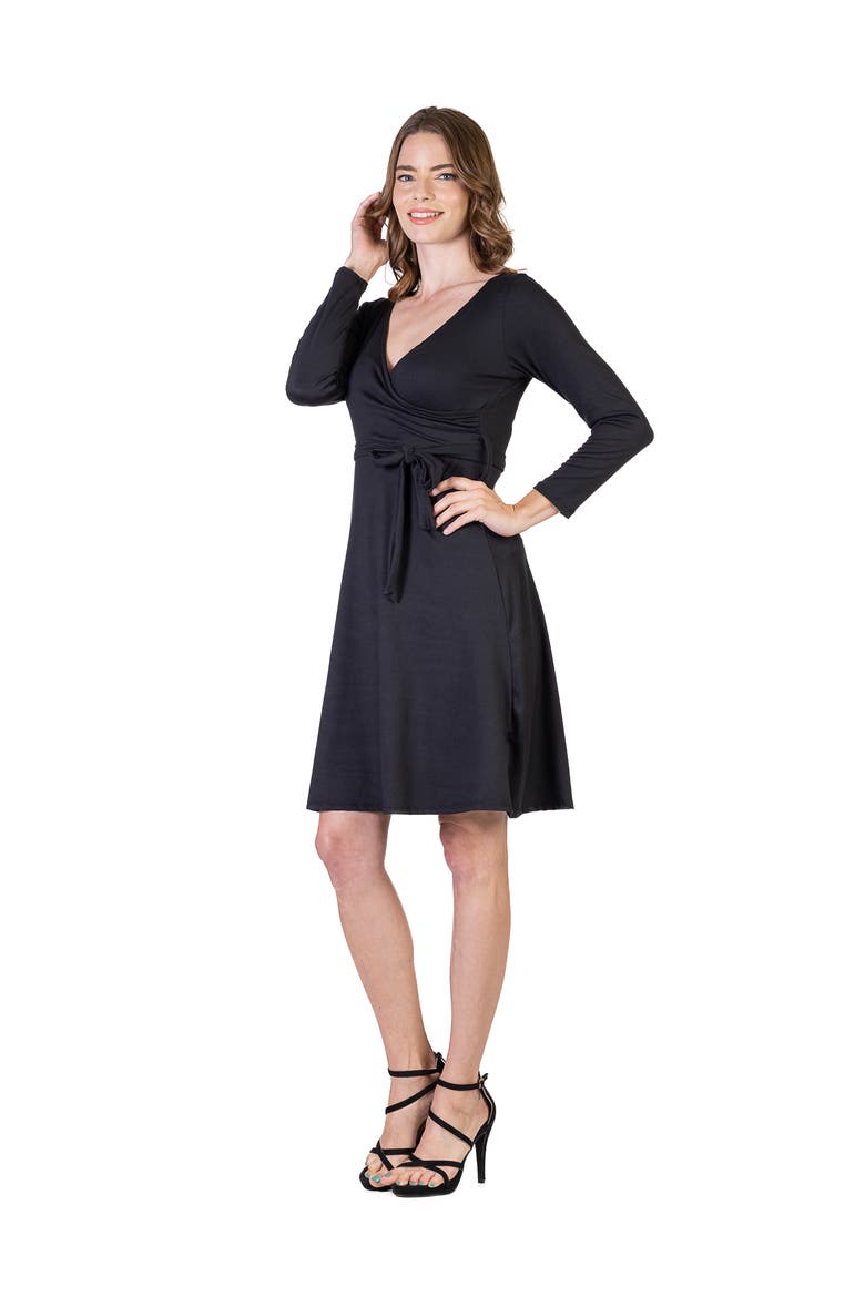 Chic V-Neck Long Sleeve Belted Dress, Alternate, color, Black
