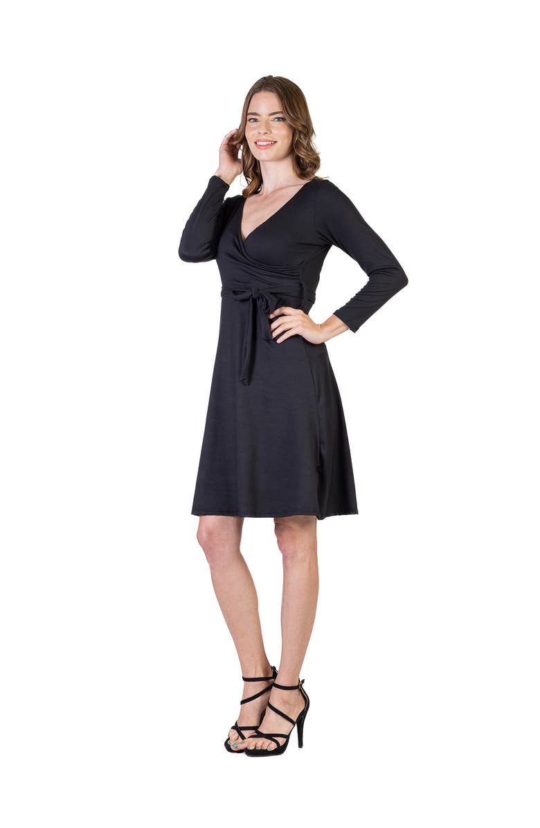 24seven Comfort Apparel Chic V-Neck Long Sleeve Belted Dress, Alternate, color, Black