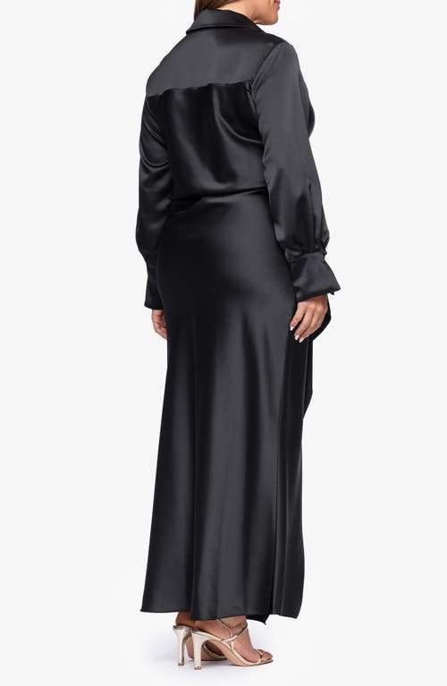 Xscape Evenings Collar Long Sleeve Satin Gown In Black