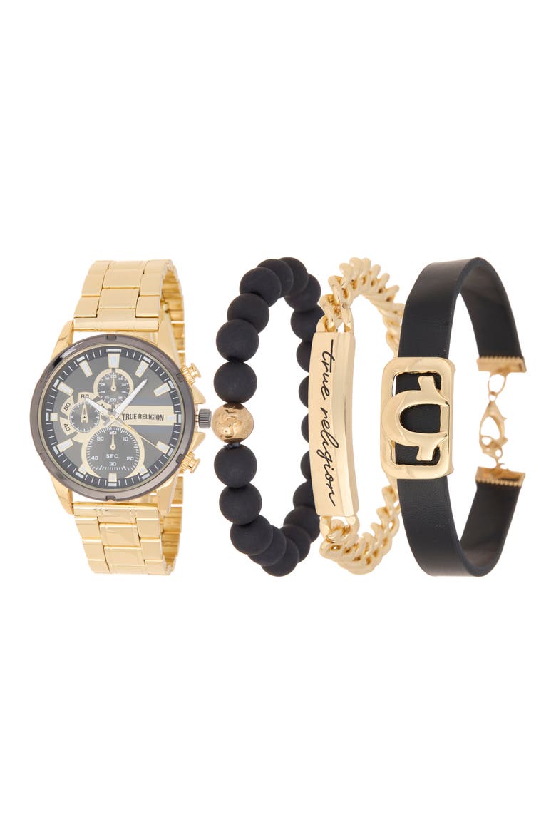 4-Piece Round Chronograph Watch & Bracelet Set, Main, color, GOLD