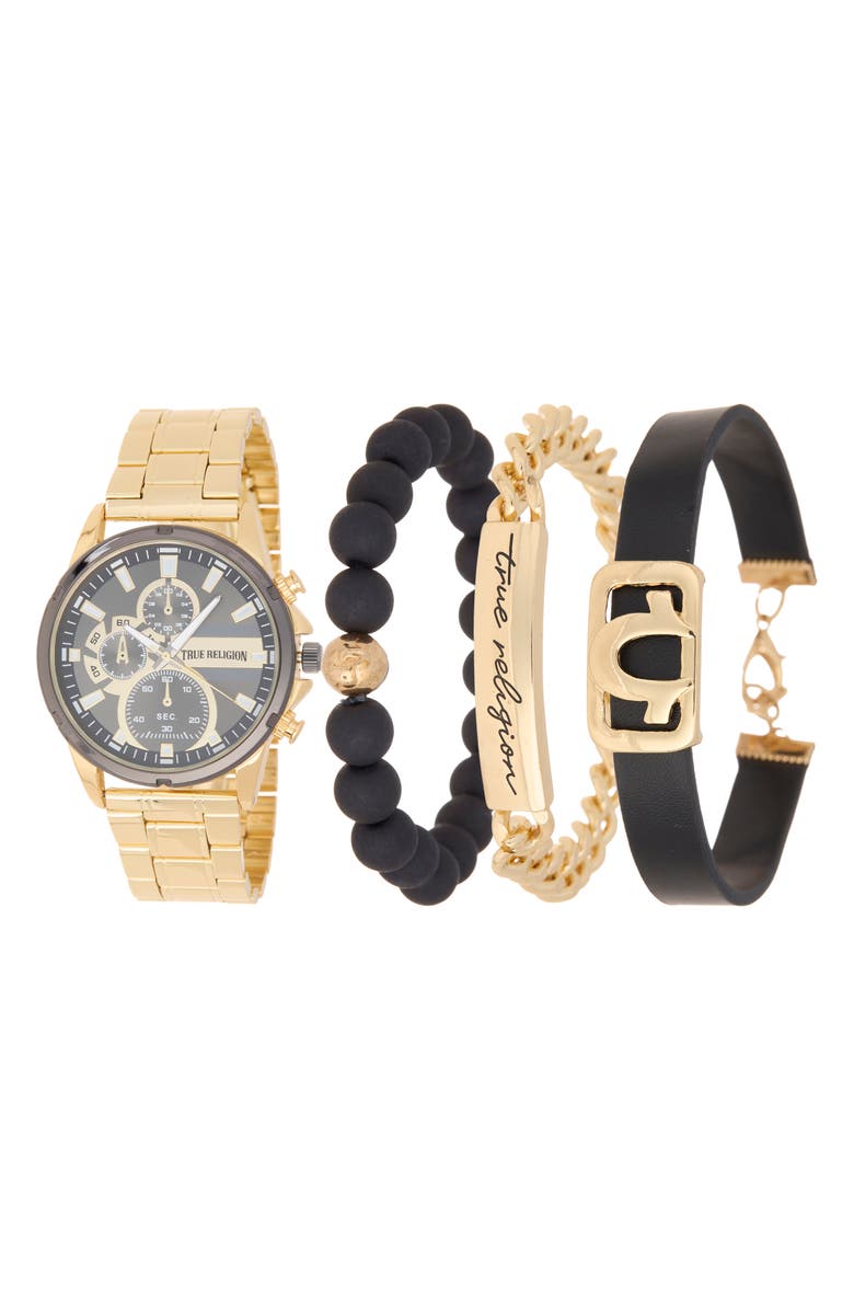 True Religion 4-Piece Round Chronograph Watch & Bracelet Set, Main, color, Gold