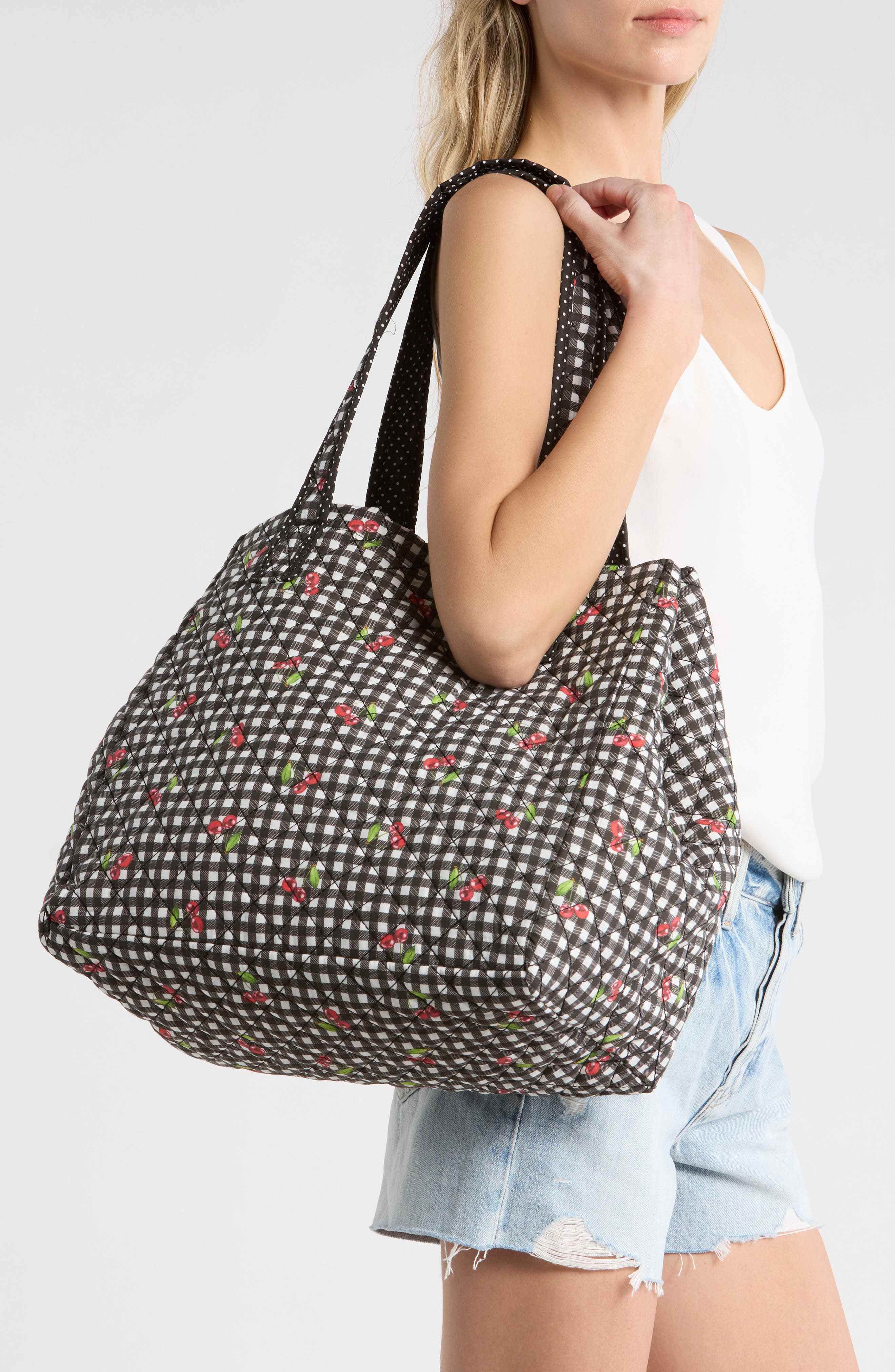Madden Girl Quilted Tote, Alternate, color, Gingham Cherry