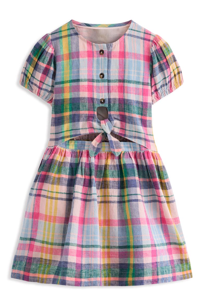 Kids' Tie Front Linen & Cotton Dress, Alternate, color, PINK BLUE/ GREEN CHECK