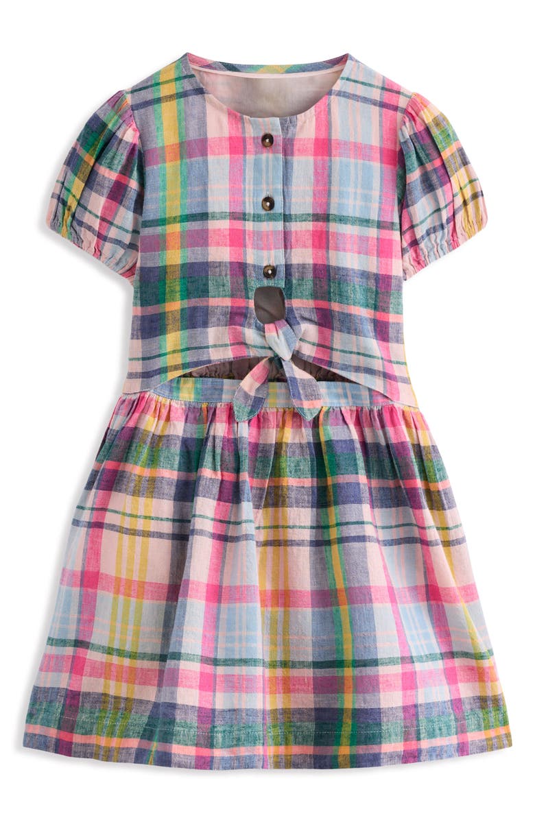 Mini Boden Kids' Tie Front Linen & Cotton Dress, Alternate, color, Pink Blue/ Green Check