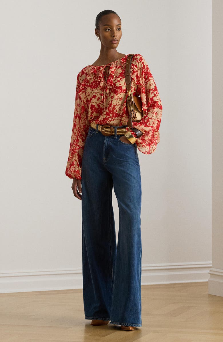 Lauren Ralph Lauren Floral Ruffle Detail Crinkle Top, Alternate, color, Red/ Tan