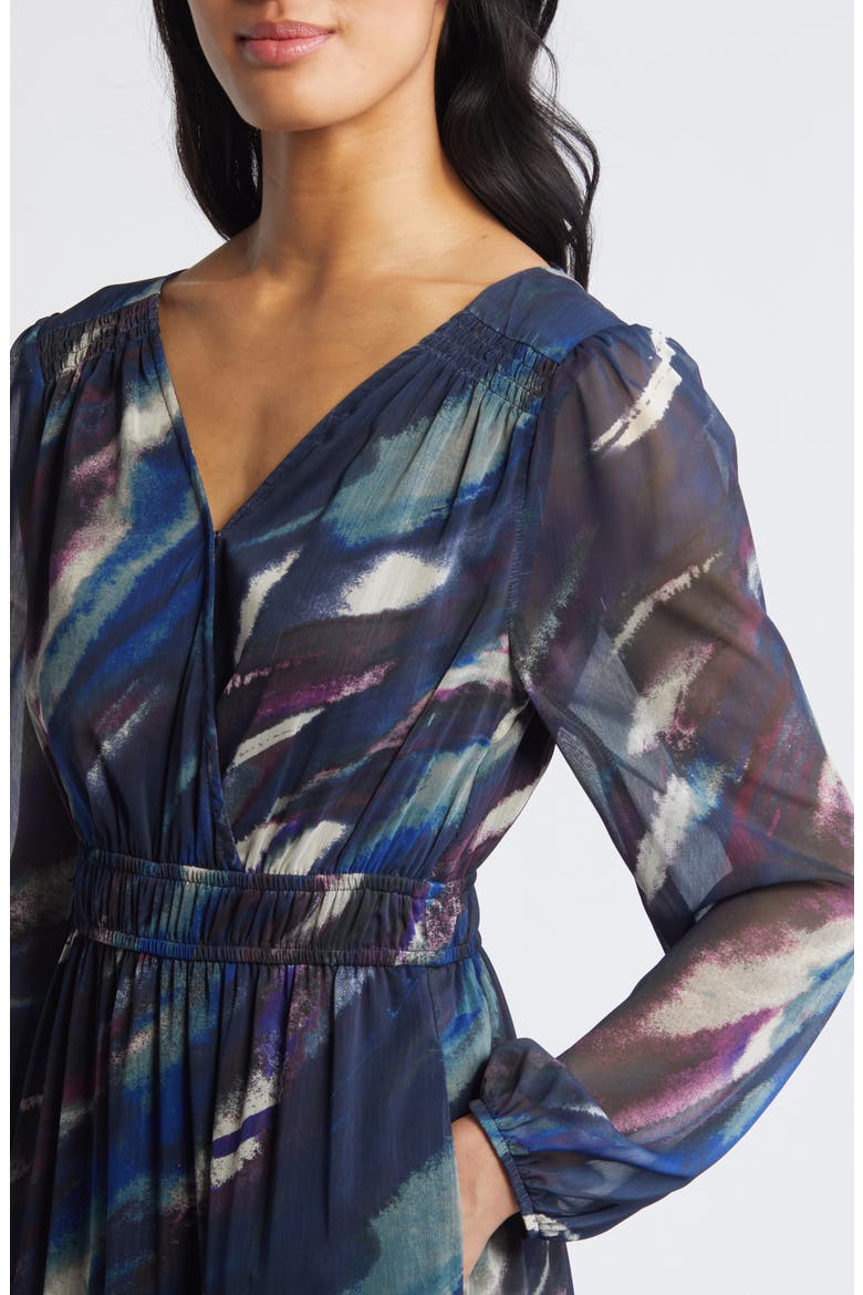 Print Long Sleeve Chiffon Maxi Dress, Alternate, color, NAVY MULTI WATERCOLOR