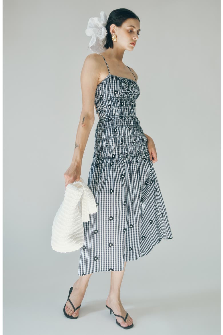 Madison Gingham Floral Embroidered Tiered Smocked Midi Dress, Alternate, color, NAVY GINGHAM