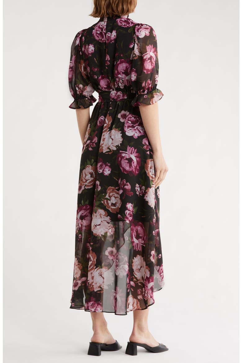 Floral Smocked Mock Neck High-Low Dress, Alternate, color, BLACK MULTI
