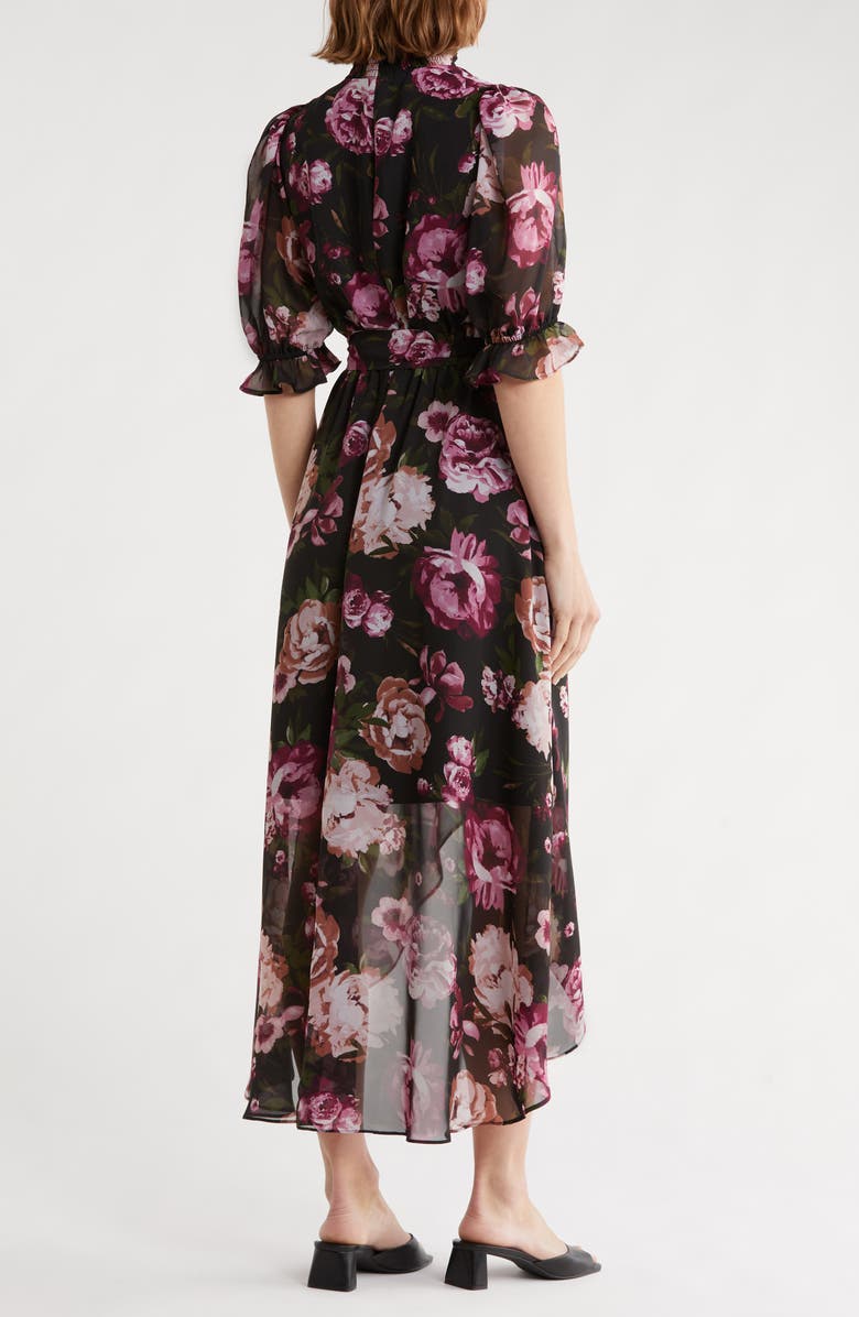 Eliza J Floral Smocked Mock Neck High-Low Dress, Alternate, color, Black Multi
