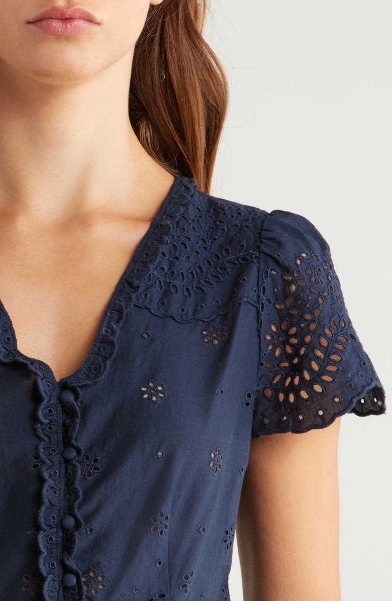 PAIGE Quinta Cotton Eyelet Button-Up Shirt, Alternate, color, Navy