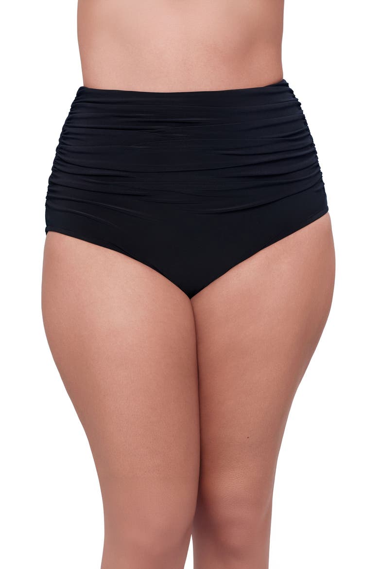 High Waist Shirred Plus Size Control Swim Brief, Main, color, Black