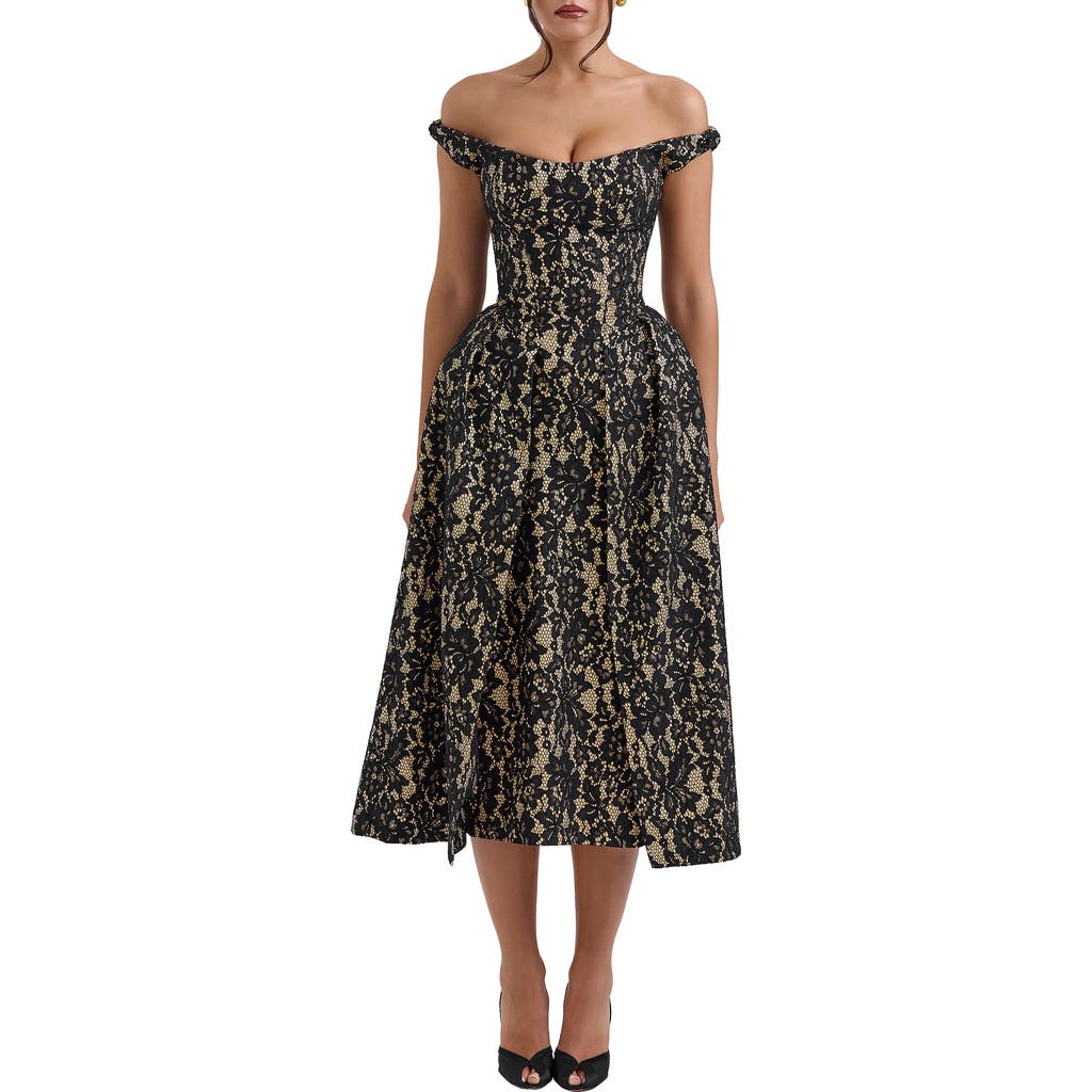 Shop House Of Cb Charming Off The Shoulder Cocktail Dress In Black Gold