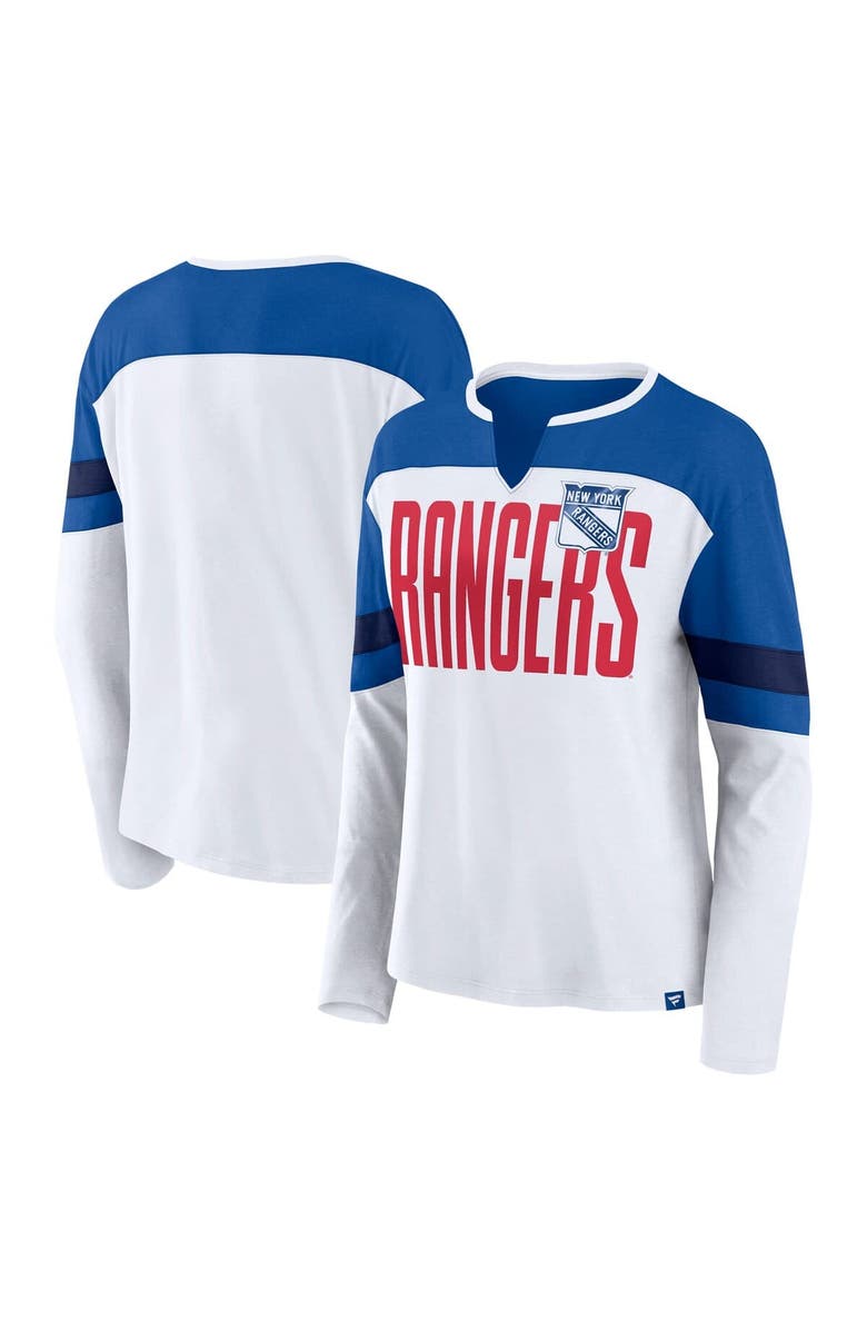 FANATICS Women's Fanatics White/Blue New York Rangers Frozen Long Sleeve Notch Neck T-Shirt, Alternate, color, White