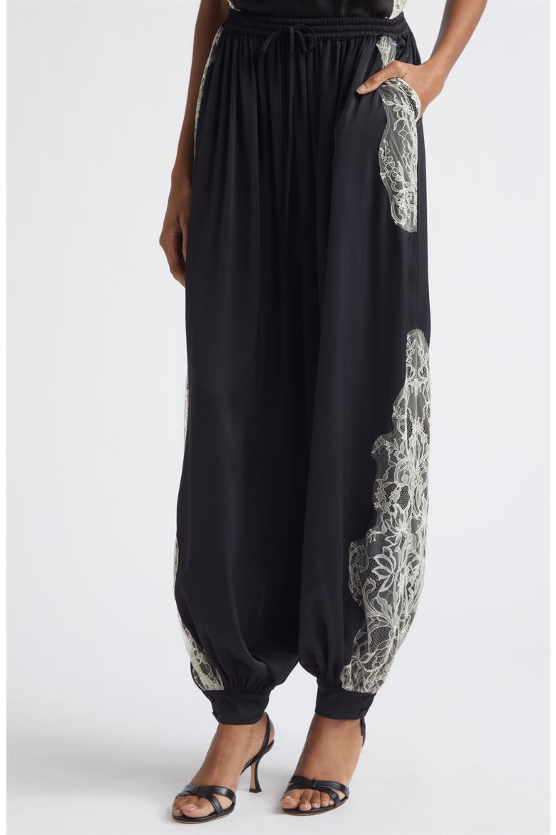 Esme Lace Detail Satin Balloon Pants, Alternate, color, BLACK/ GARDENIA