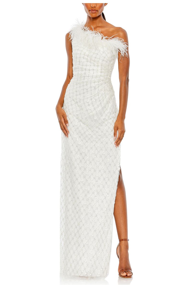 Mac Duggal Embellished One Shoulder Ostrich Feather Detail Gown, Main, color, White