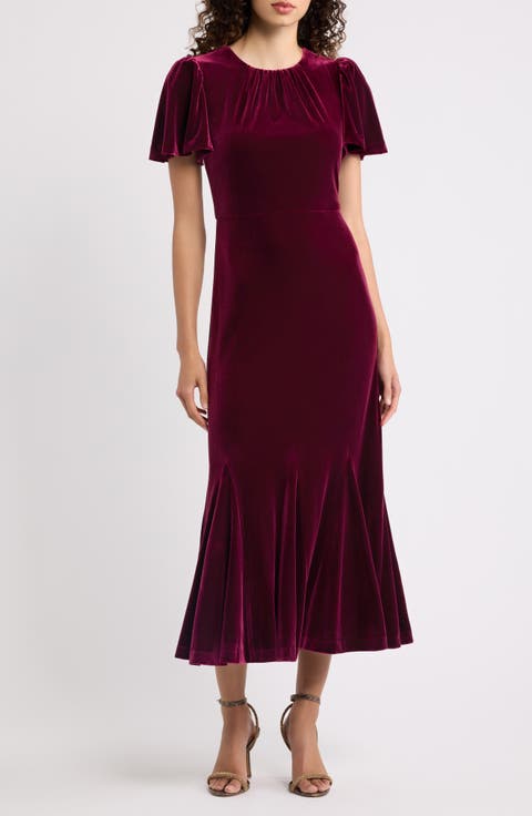 Flutter Sleeve Velvet Midi Dress