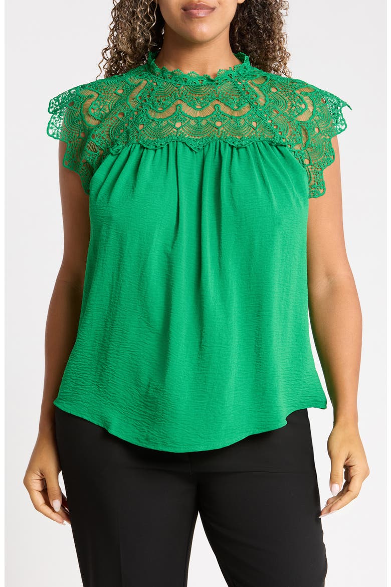 Lace Yoke Flutter Top, Main, color, GREEN