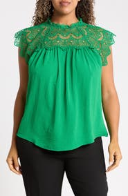 RAIN AND ROSE Lace Yoke Flutter Top