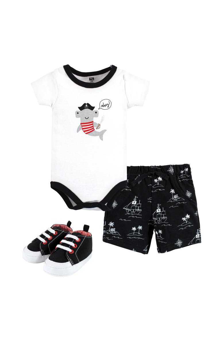 Hudson Baby Little Gent's Soft Cotton Bodysuit, Shorts & Footwear 3Pk, Main, color, Pirate Shark