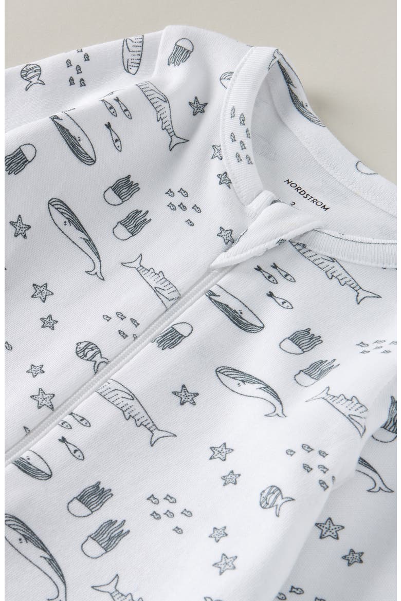 Two-Way Zip Printed Cotton Footie, Alternate, color, WHITE- NAVY SEA FRIENDS