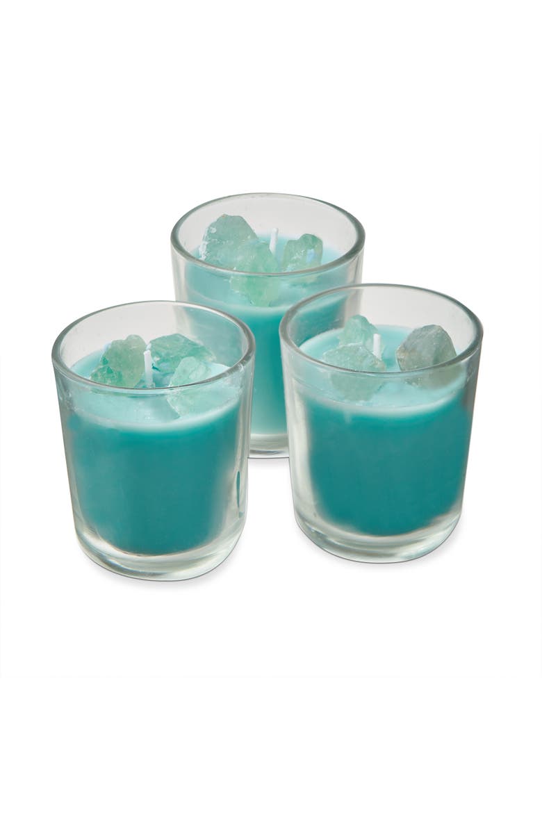Scented Votive W/Jade Stones S/3 Aqua Glass Everyday, Alternate, color, Blue