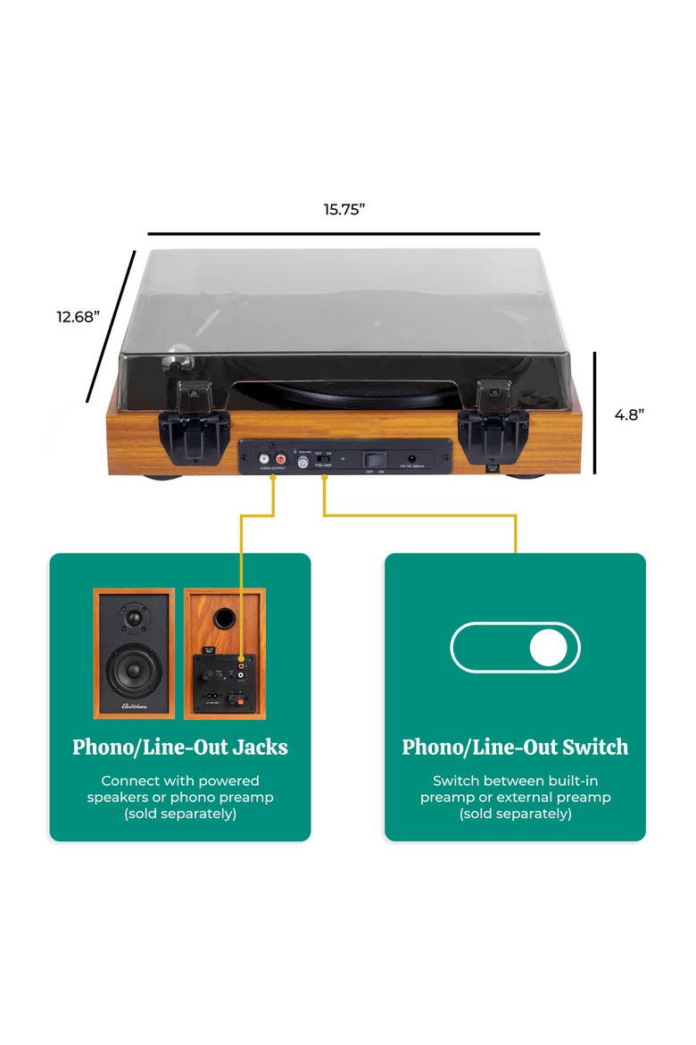 Vinyl Record Player, Belt-Drive Turntable, Bluetooth, Vinyl-to-MP3, Alternate, color, Teak