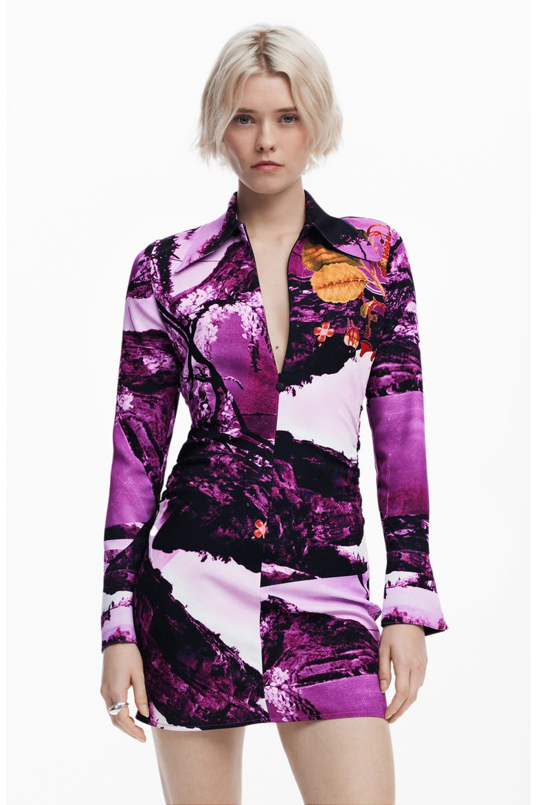 Print Long Sleeve Mini Shirtdress, Alternate, color, PURPLE