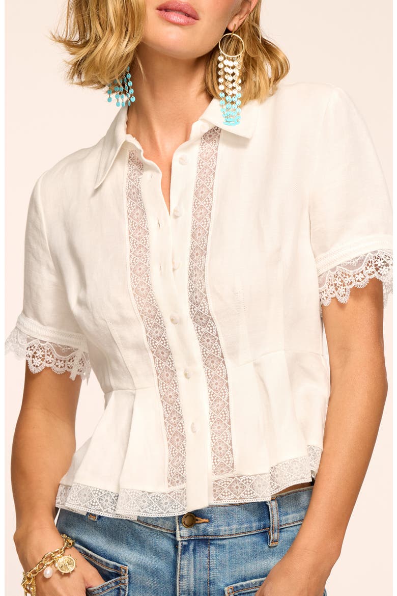 Becky Lace Trim Short Sleeve Button-Up Shirt, Alternate, color, WHITE