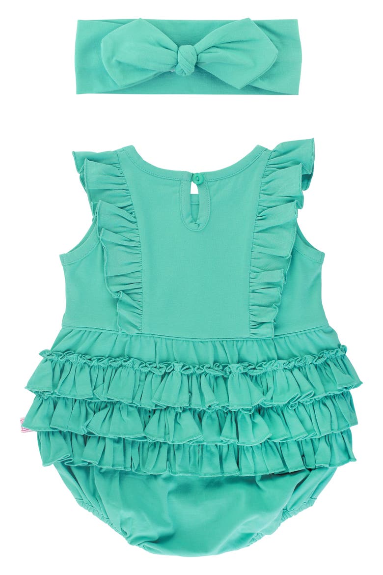 Waterfall Ruffle Bubble Romper & Head Wrap Set, Alternate, color, BLUE
