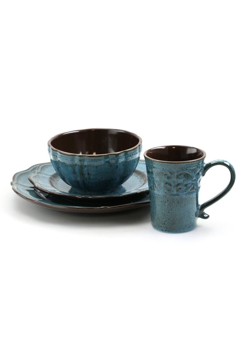 Lavish 16 Piece Dinnerware set with Complete Setting for 4, Alternate, color, Blue