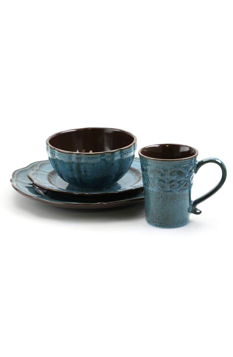 Elama Lavish 16 Piece Dinnerware set with Complete Setting for 4, Alternate, color, Blue