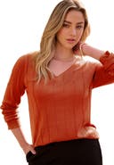 Roaman's Plus Size Drop Needle V Neck Lightweight Sweater Knit