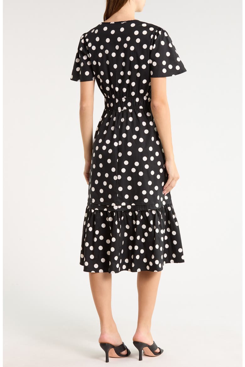 Polka Dot Short Sleeve Flounced Midi Dress, Alternate, color, BLACK/ TAUPE