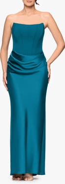 Betsy & Adam Strapless Mixed Media Gown