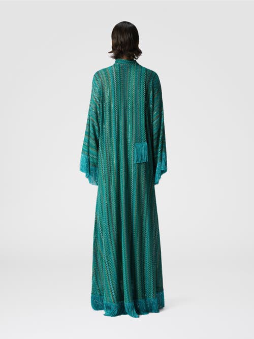 MISSONI MISSONI ZIGZAG KAFTAN WITH SEQUINS AND V-NECK AND REMOVABLE SCARF WITH FRINGES 
