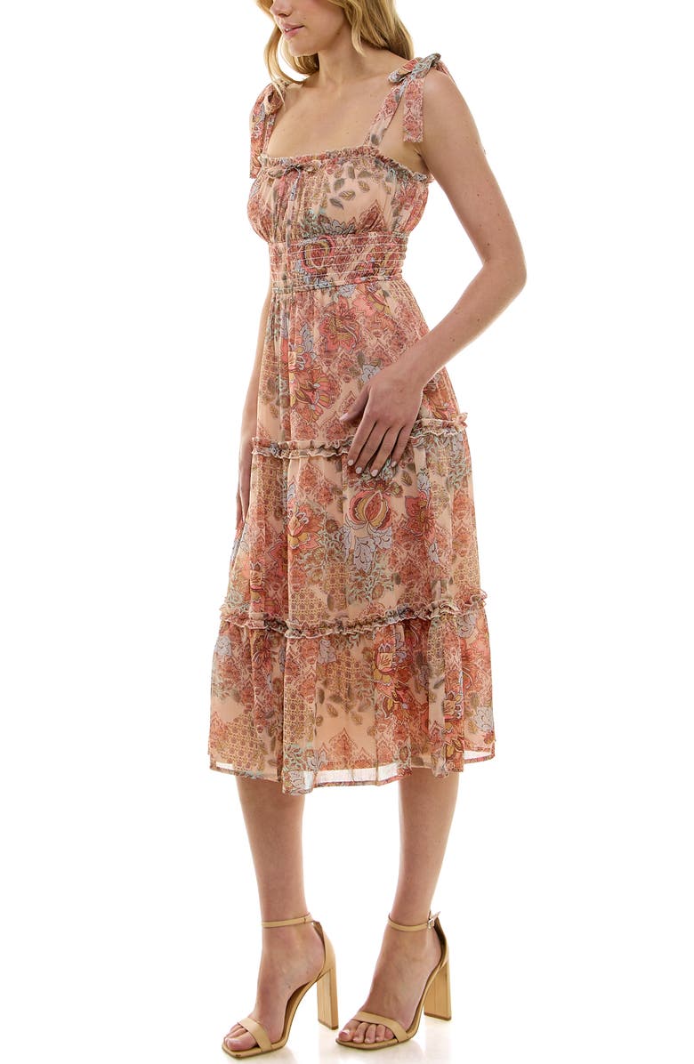 Row A Floral Smocked Tie Strap Midi Dress, Alternate, color, 