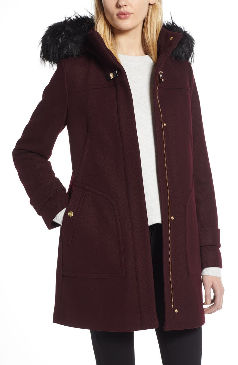 Cole Haan Signature Wool Blend Twill Duffle Jacket with Faux Fur Trim, Main, color,