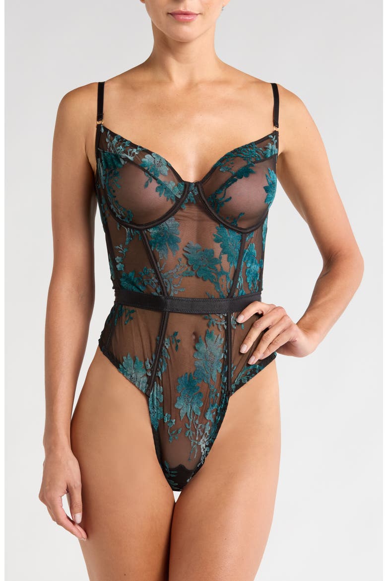Floral Appliqué Mesh Underwire Bodysuit, Main, color, BLACK EMERALD